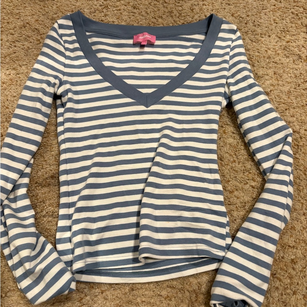 Edikted Blue & White Striped V-Neck Long Sleeve Top